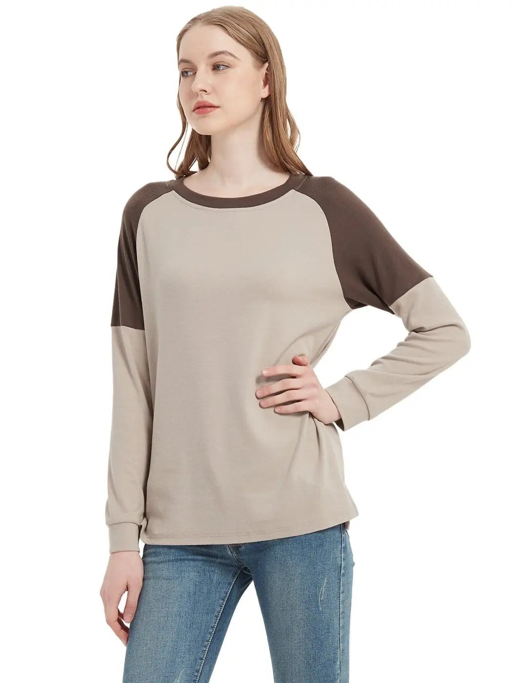 Casual Crewneck Sweatshirts Long Sleeve Color Block Blouses Side Slit Pullover Tops - Get it from Bo