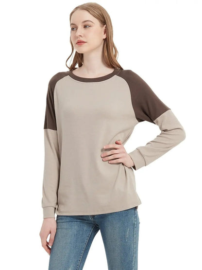 Casual Crewneck Sweatshirts Long Sleeve Color Block Blouses Side Slit Pullover Tops - Get it from Bo