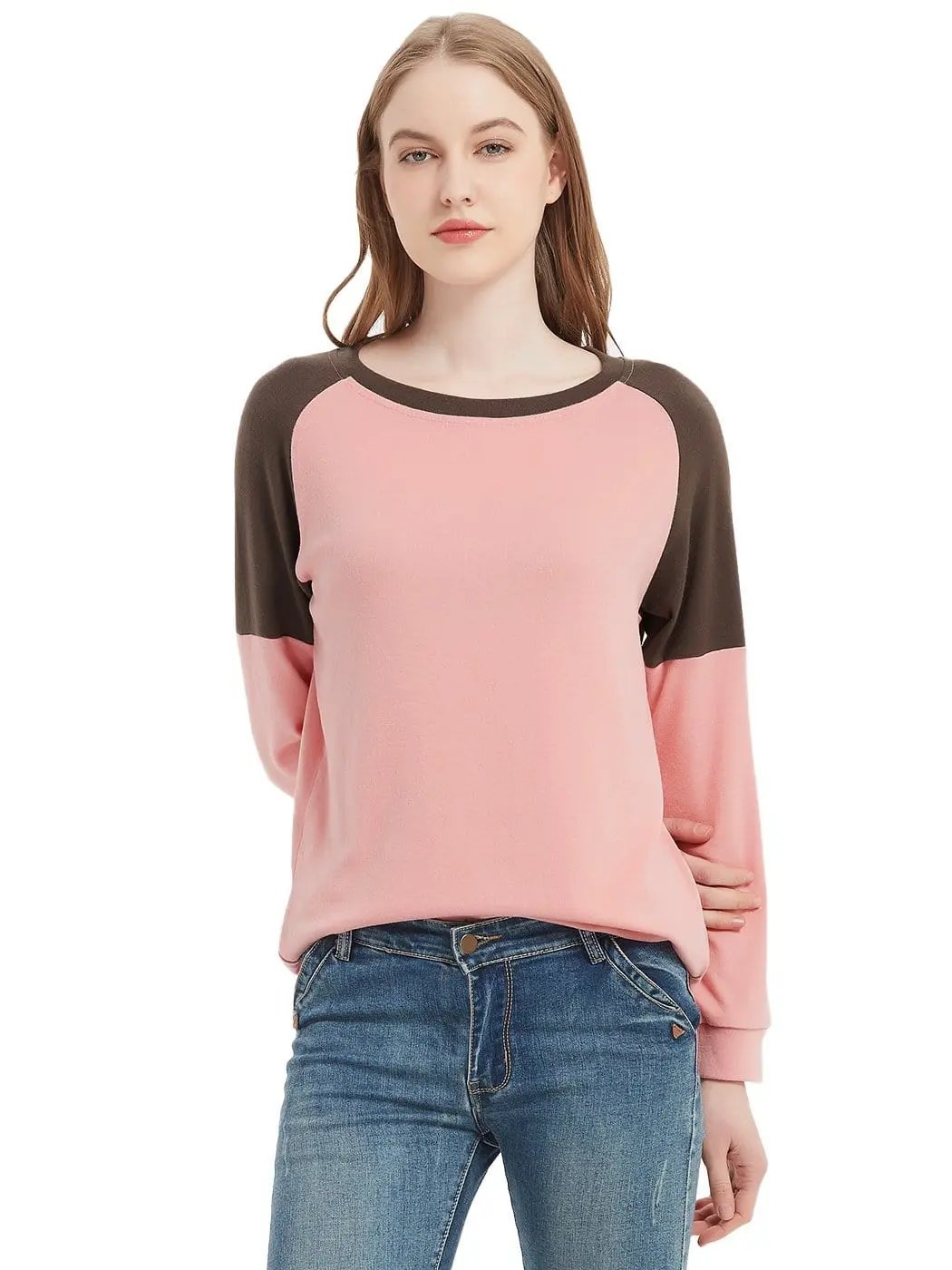 Casual Crewneck Sweatshirts Long Sleeve Color Block Blouses Side Slit Pullover Tops - Get it from Bo