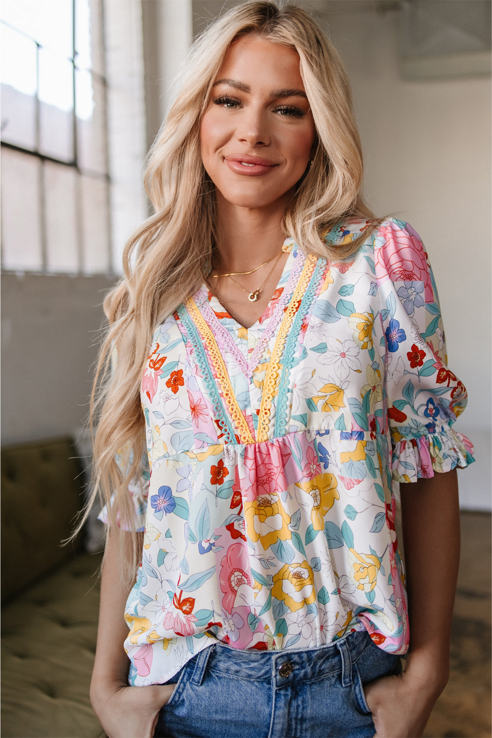 Solana Boho Flower Half Puff Sleeve Blouse