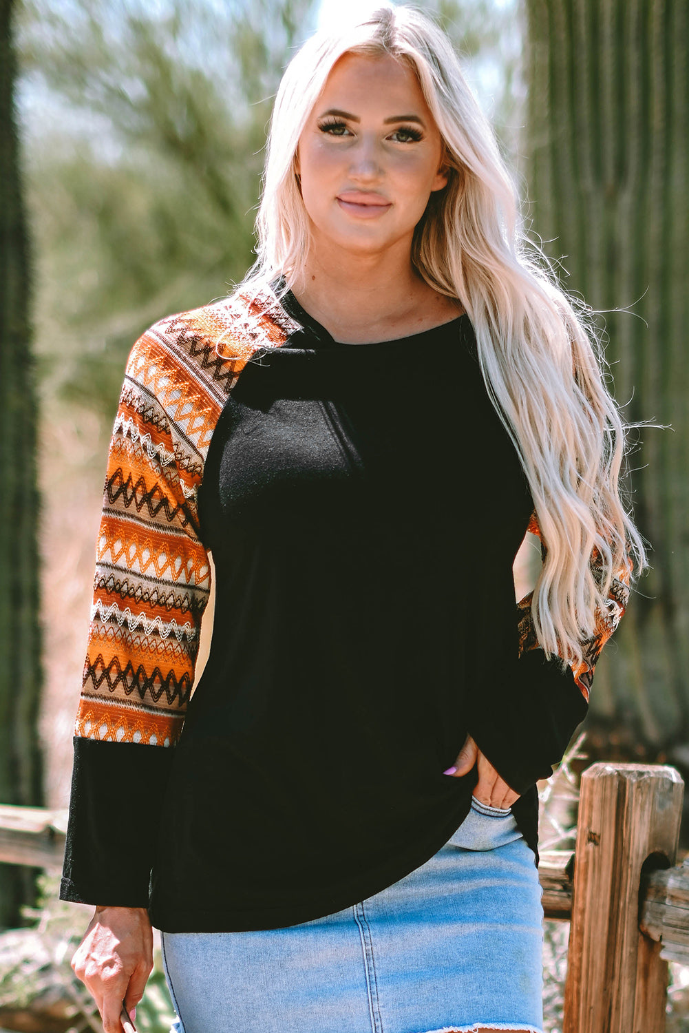 Aurora Raglan Patchwork Long Sleeve Top Threaded Pear