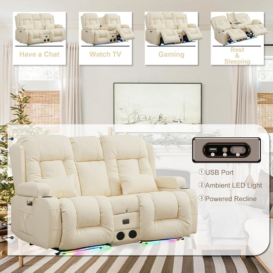 Power Loveseat Recliner Massage And Heat Cream White ShipItFurniture
