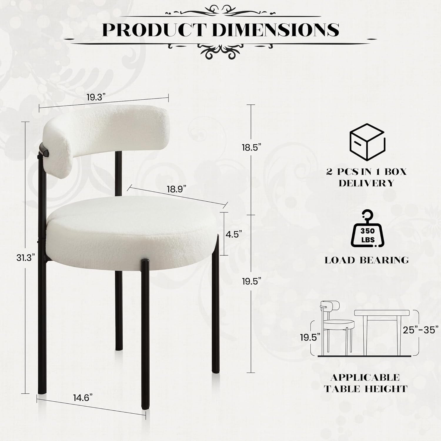 Dining Chairs Set of 4, White Boucle Dining Chair with Curved Backrest ShipItFurniture