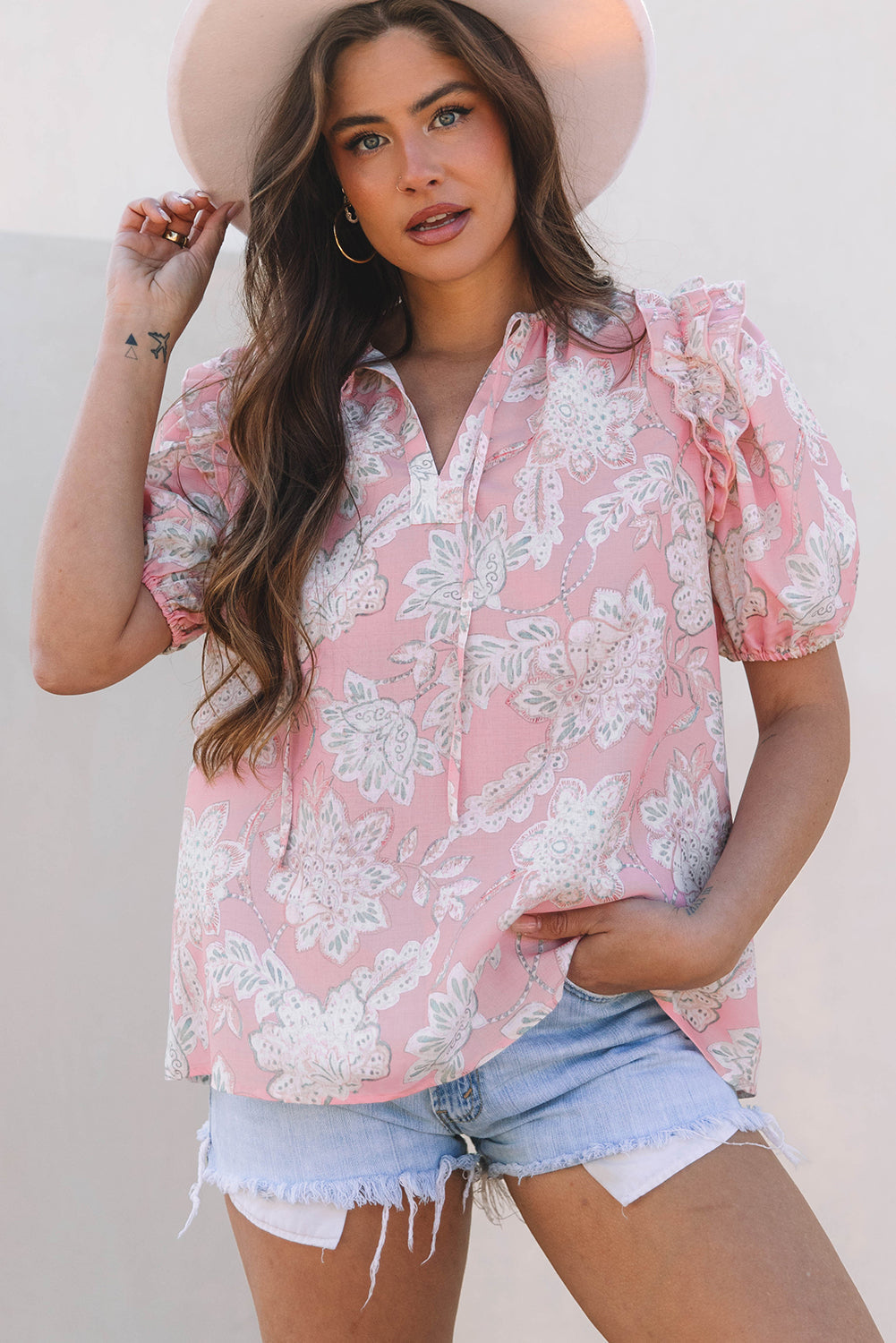 Cattleya Floral Drawstring V Neck Puff Sleeve Loose Blouse