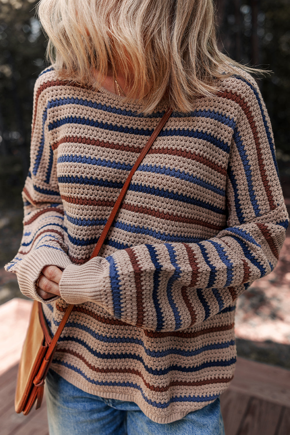 Emery Striped Knitted Drop Shoulder Round Neck Sweater Threaded Pear