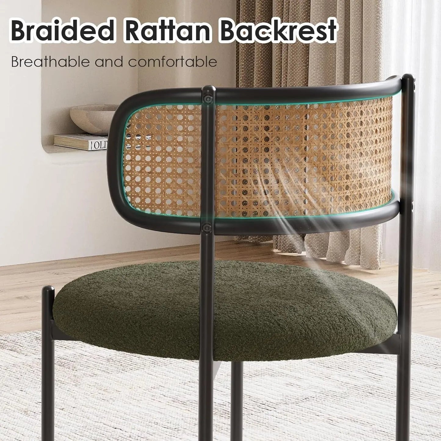 Kitchen Chairs Set of 2, Mid-Century Modern Dining Chairs,Kitchen Dining Room Chairs, Rattan Backrest round Upholstered Sherpa Dining Chairs(Green)-2