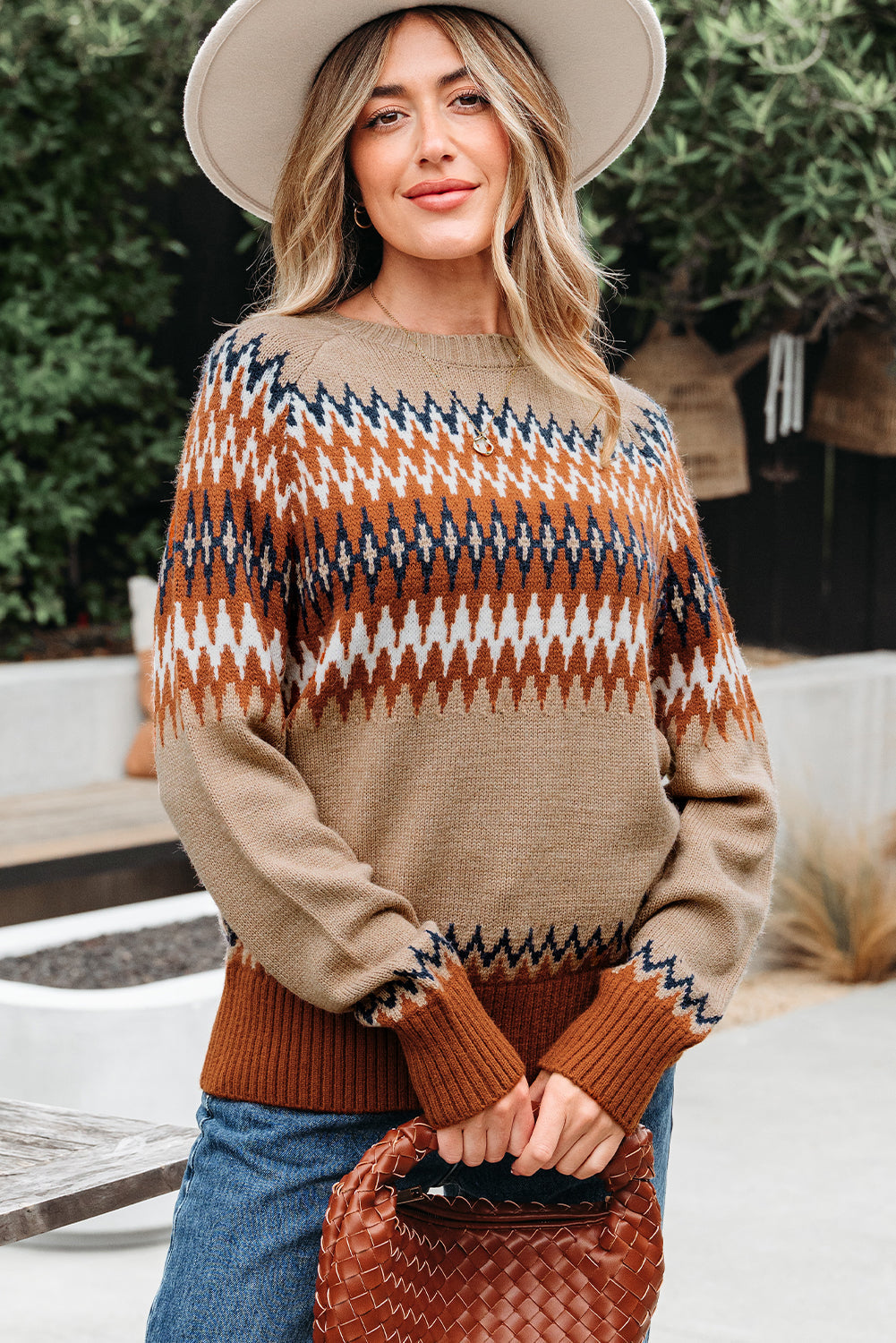 Eva Aztec Crew Neck Sweater Threaded Pear