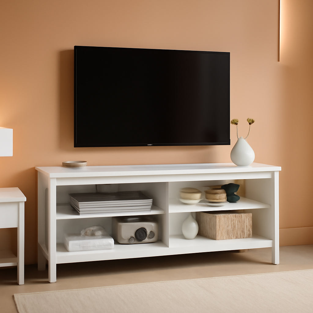 White Four Cubby TV Stand For 60 Inch TV With Open Storage