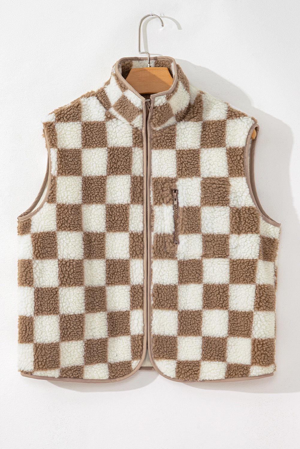 Mindi Checkered Sherpa Collared Jacket Vest Threaded Pear