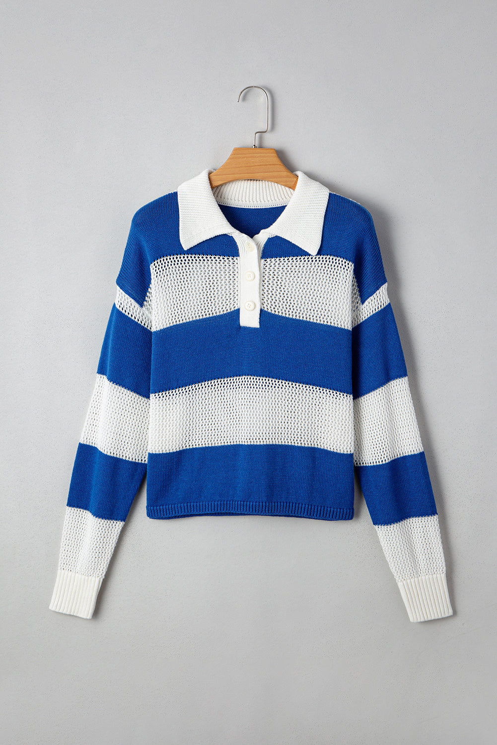 Genevieve Stripe Collar Eyelet Crochet Knitted Sweater - Get it from Bo