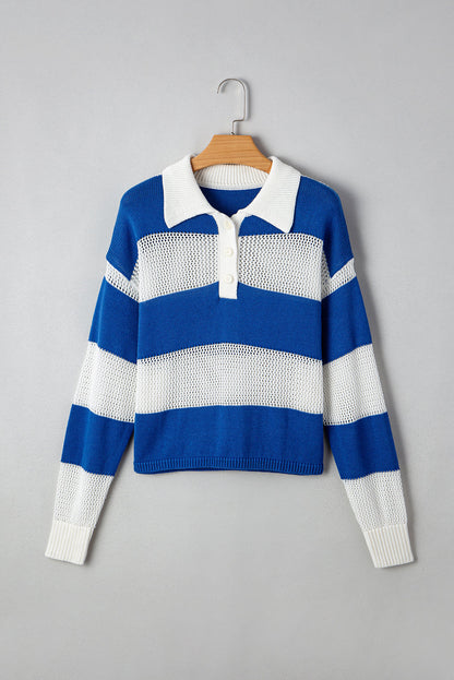 Genevieve Stripe Collar Eyelet Crochet Knitted Sweater
