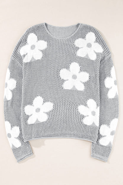 Dulce Big Flower Hollowed Knit Drop Shoulder Sweater