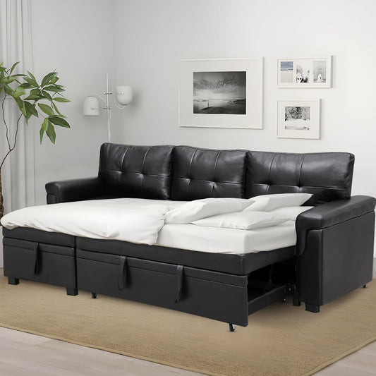 Sleeper Sectional Sofa Black Leather With Convertible Bed ShipItFurniture