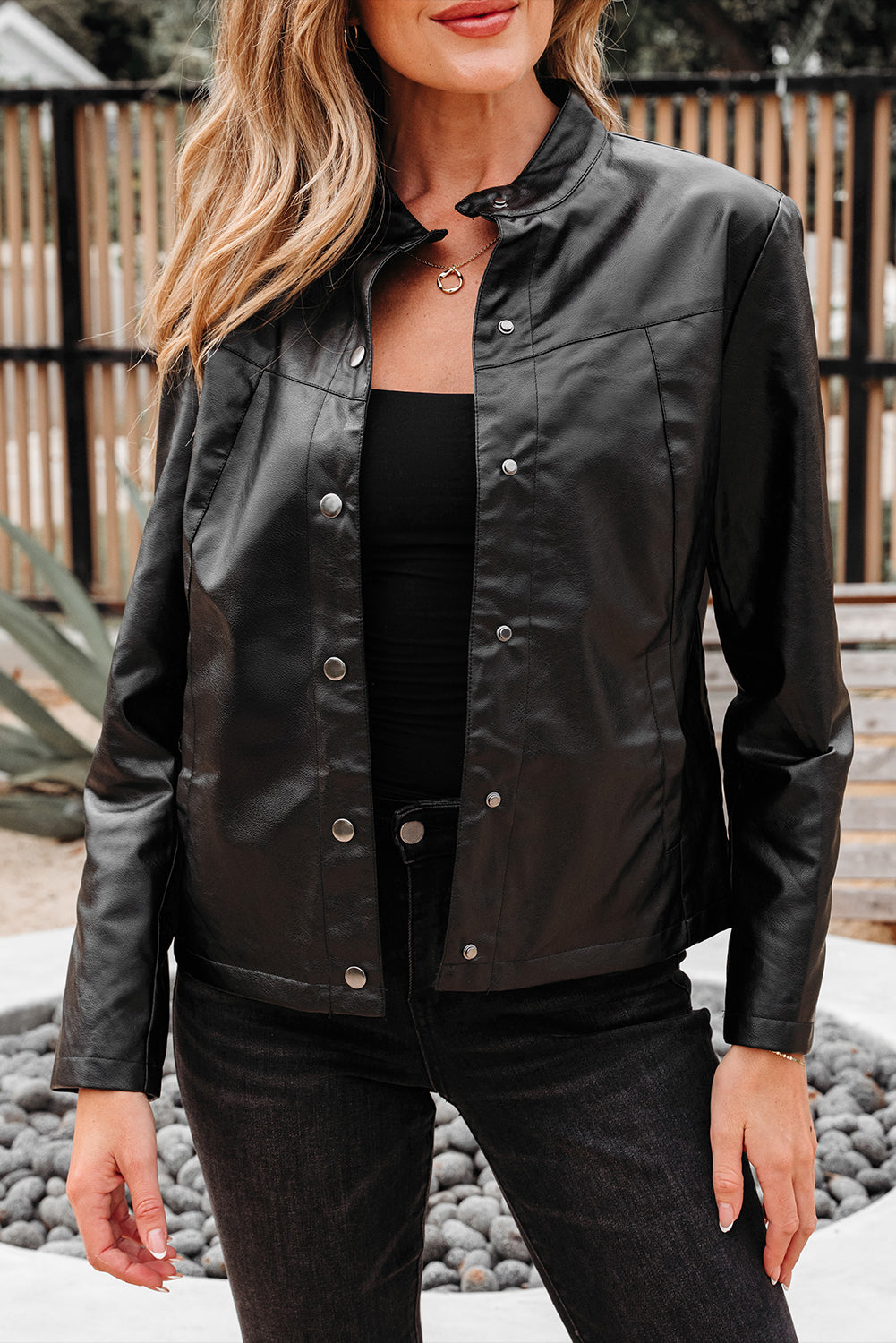 Olive Faux Leather Buttoned Front Boxy Jacket Threaded Pear