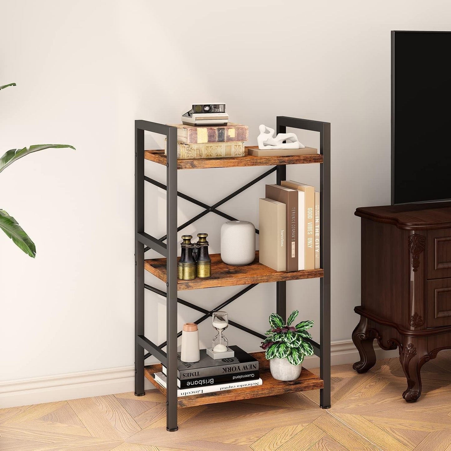 Rustic Brown 3 Tier Metal Bookshelf For Living Room ShipItFurniture