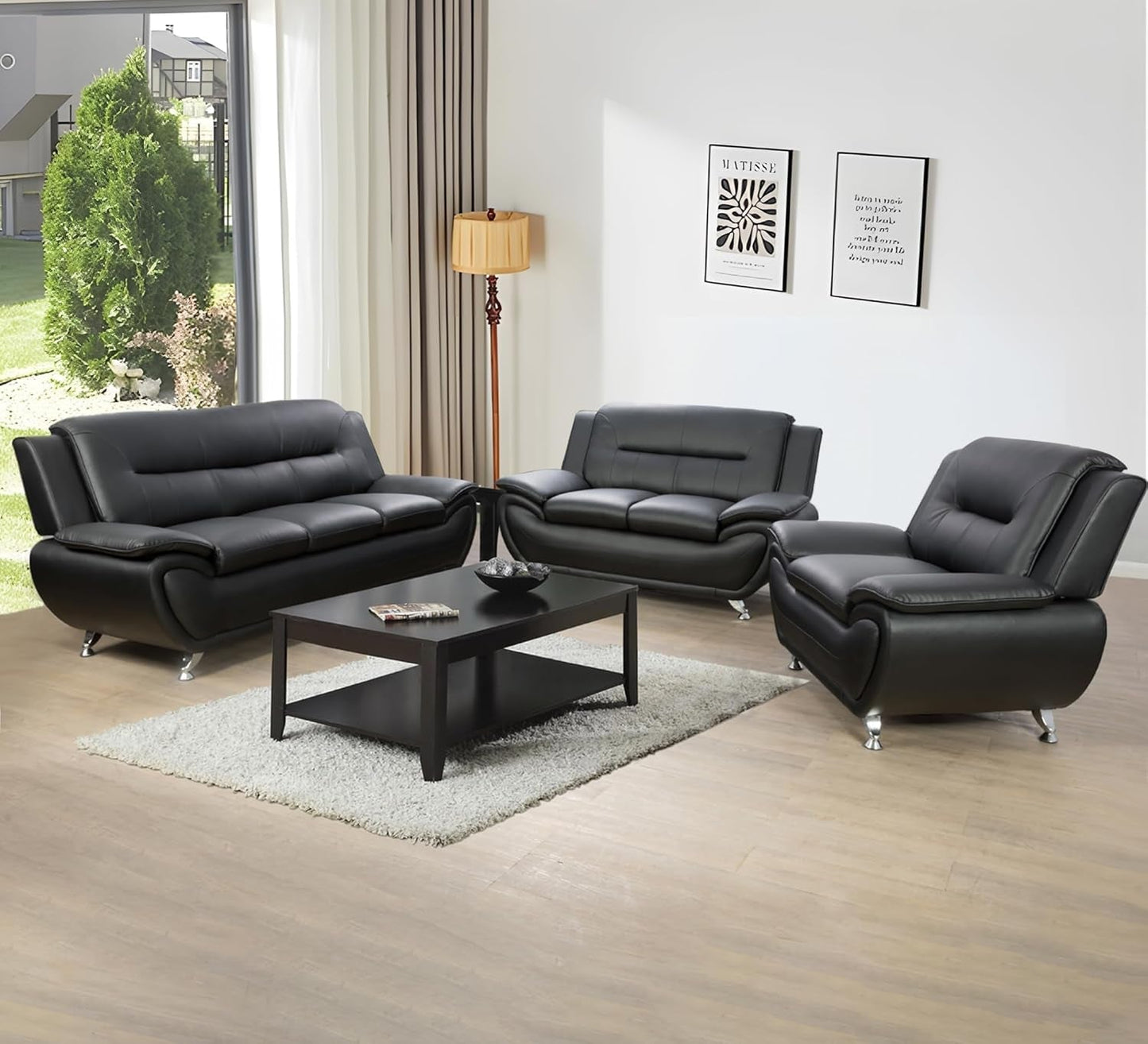 3 Piece Black Sofa Set Modern Living Room Couch Set Sofa Loveseat Chair For Home Decor ShipItFurniture