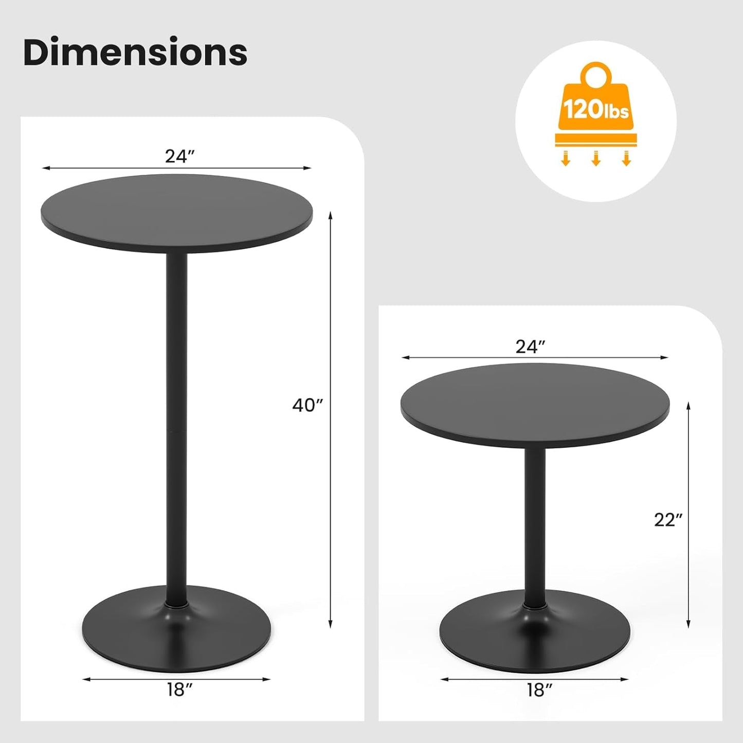 Bar Table Convertible Height Twenty Four Inch RoundTop Surface ShipItFurniture
