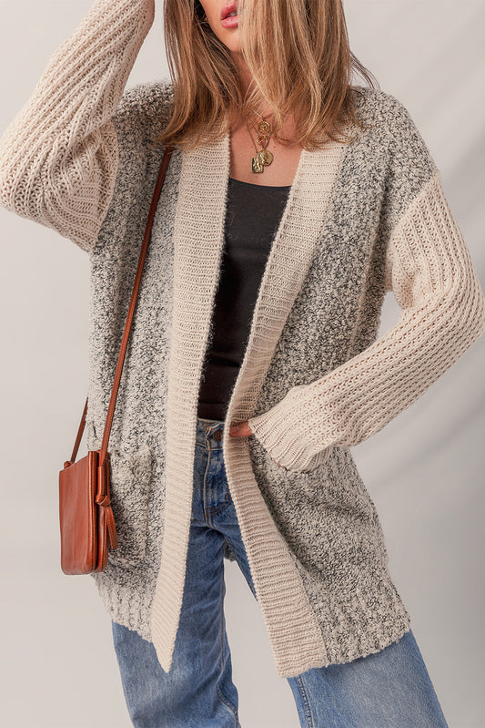 Sarah Side Pockets Open Front Cardigan Threaded Pear
