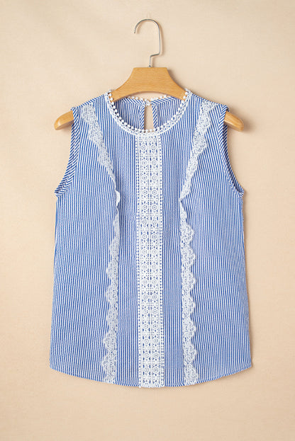Meredith Stripe Lace Patchwork Crew Neck Tank Top