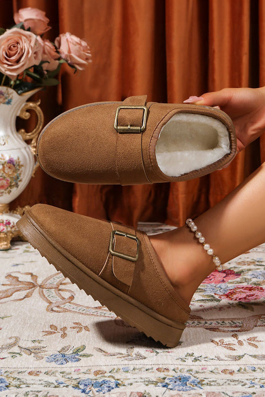 Jasmine Faux Suede Buckle Strap Detail Winter Slippers Threaded Pear