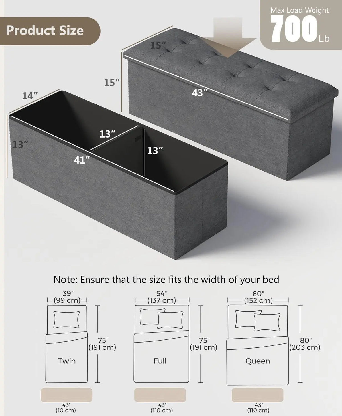 Charcoal Gray Classic Folding Storage Ottoman 43Inch - Get it from Bo