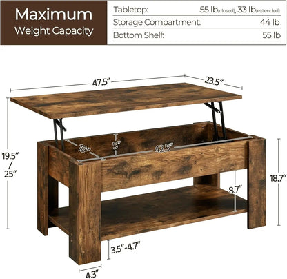 Coffee Table 47.5 Inch Lift Top With Hidden Compartment Rustic Brown - Get it from Bo