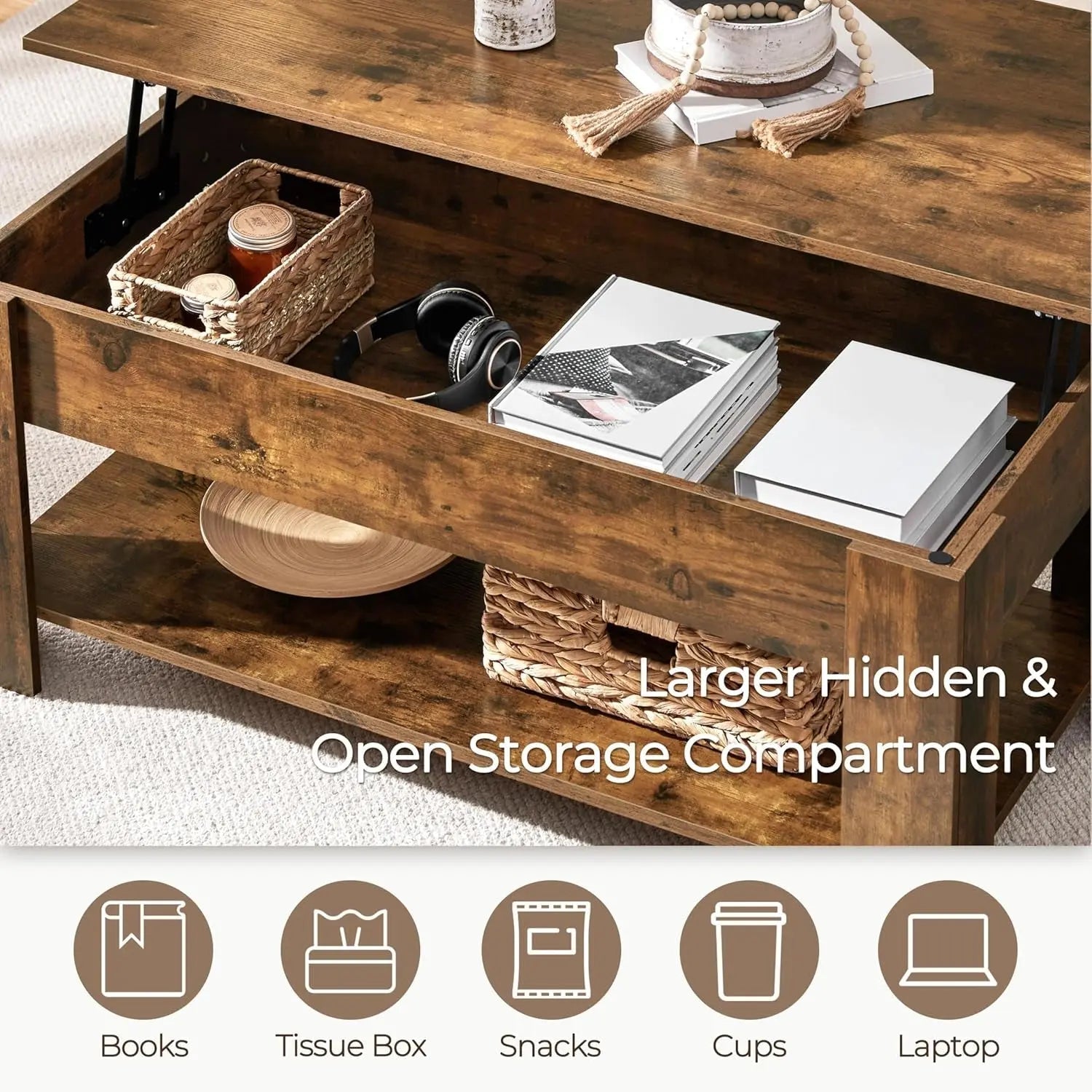 Coffee Table 47.5 Inch Lift Top With Hidden Compartment Rustic Brown - Get it from Bo