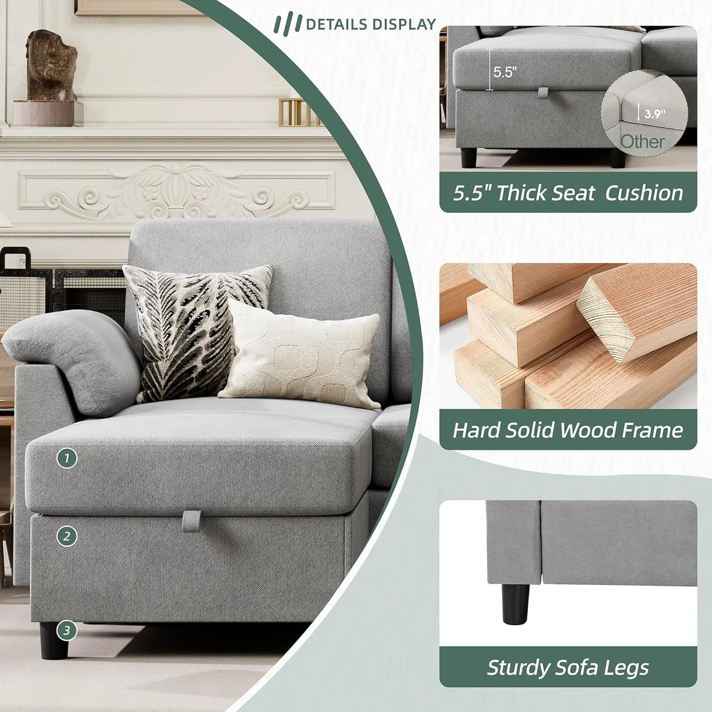 Comfortable L Shaped Convertible Sectional Sofa with Pillows ShipItFurniture