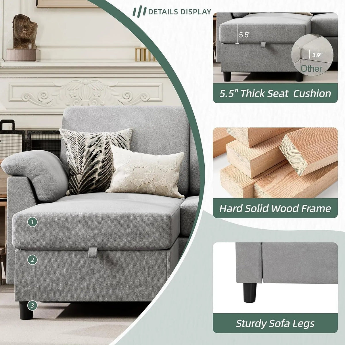 Comfortable L Shaped Convertible Sectional Sofa with Pillows - Get it from Bo