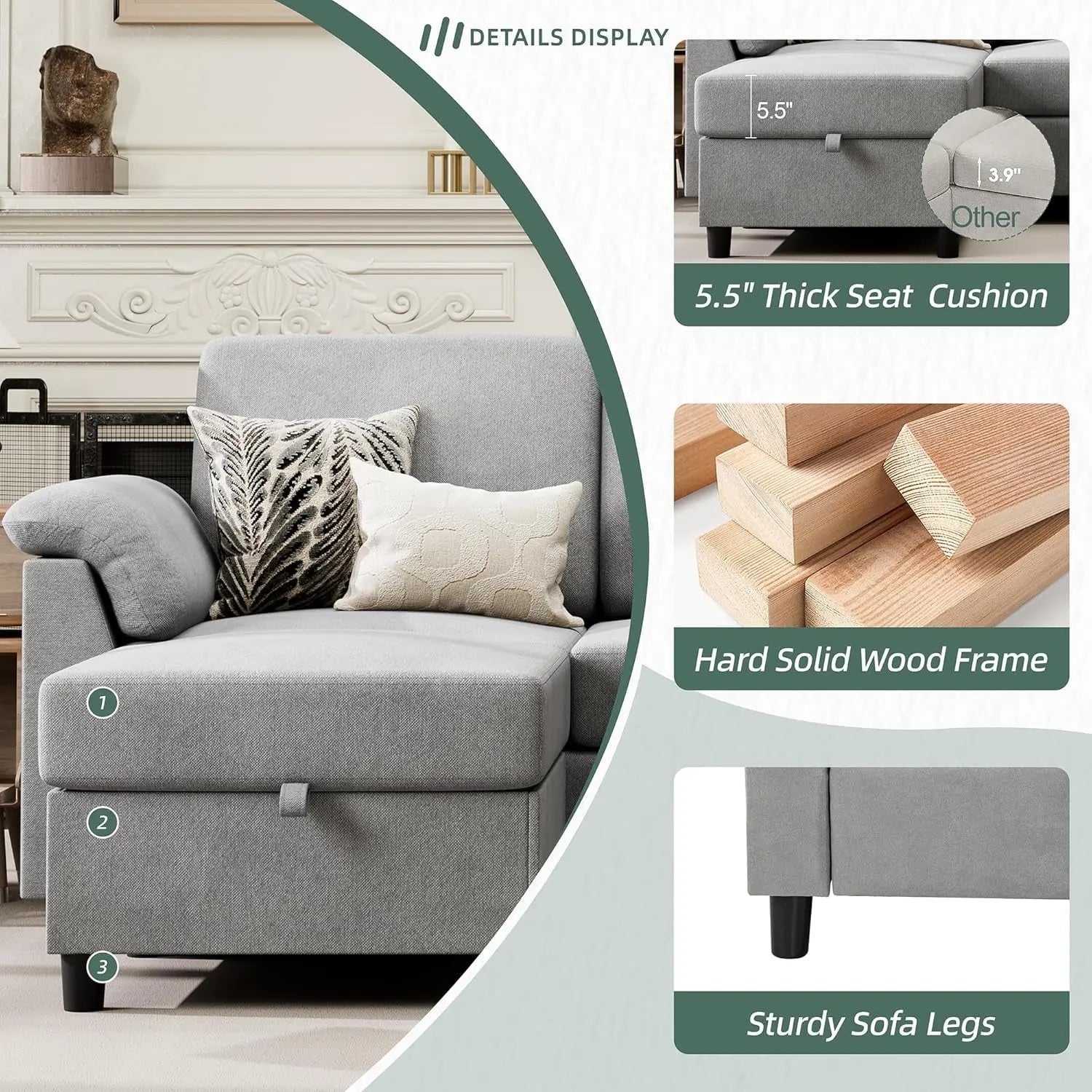 Comfortable L Shaped Convertible Sectional Sofa with Pillows - Get it from Bo