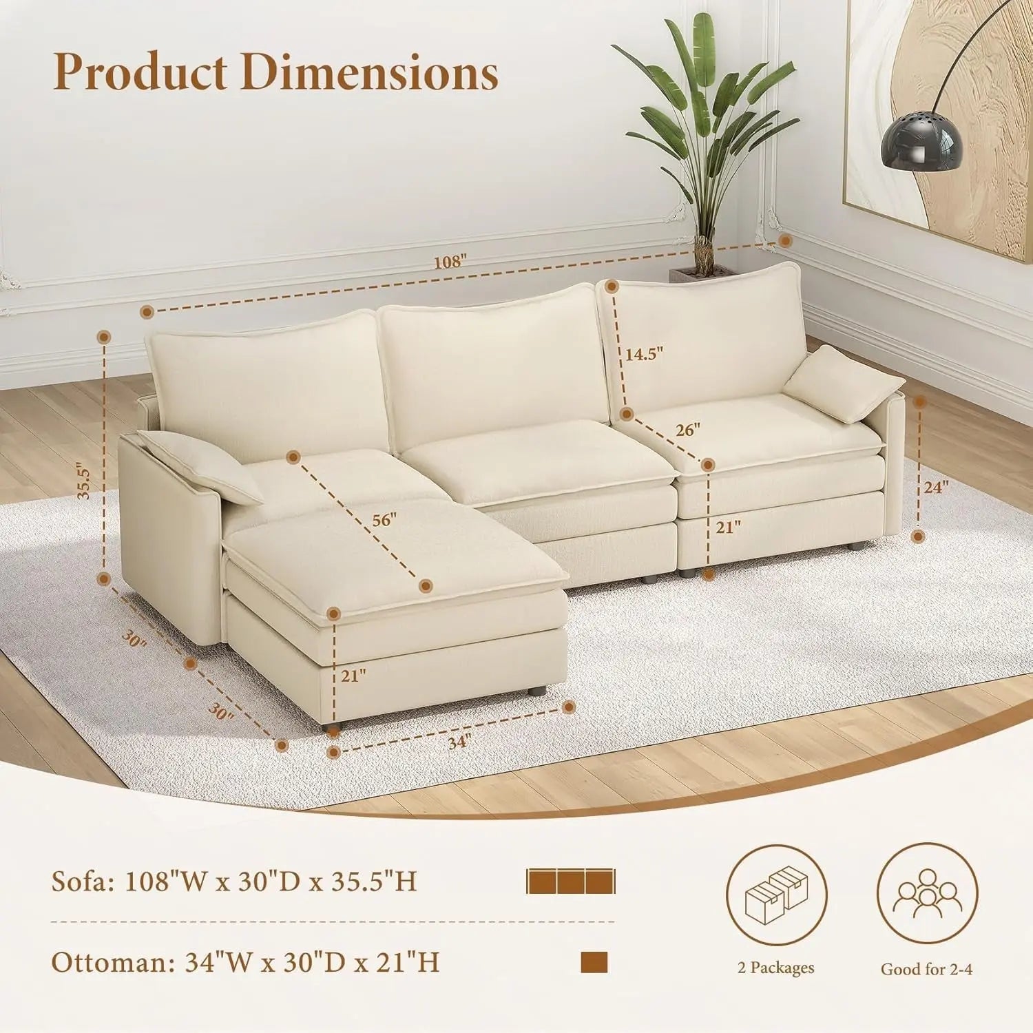 Comfy 108 Inch Modular Sectional Sofa With Ottoman ShipItFurniture