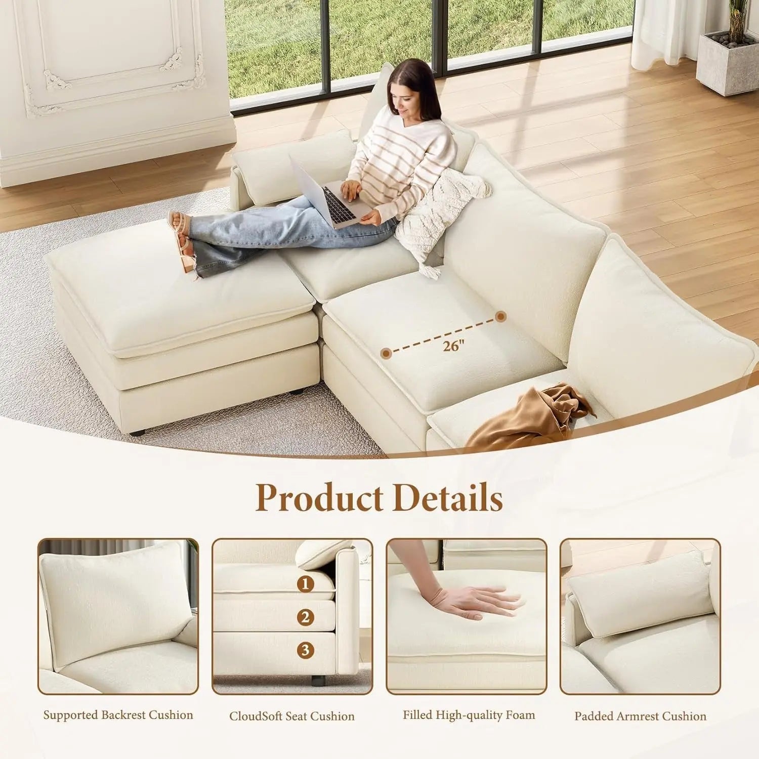 Comfy 108 Inch Modular Sectional Sofa With Ottoman ShipItFurniture