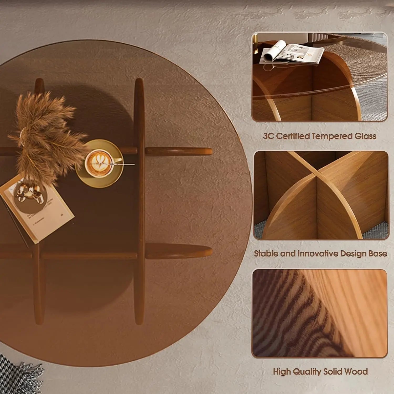 Contemporary Circular Glass Coffee Table Wooden Legs - Get it from Bo