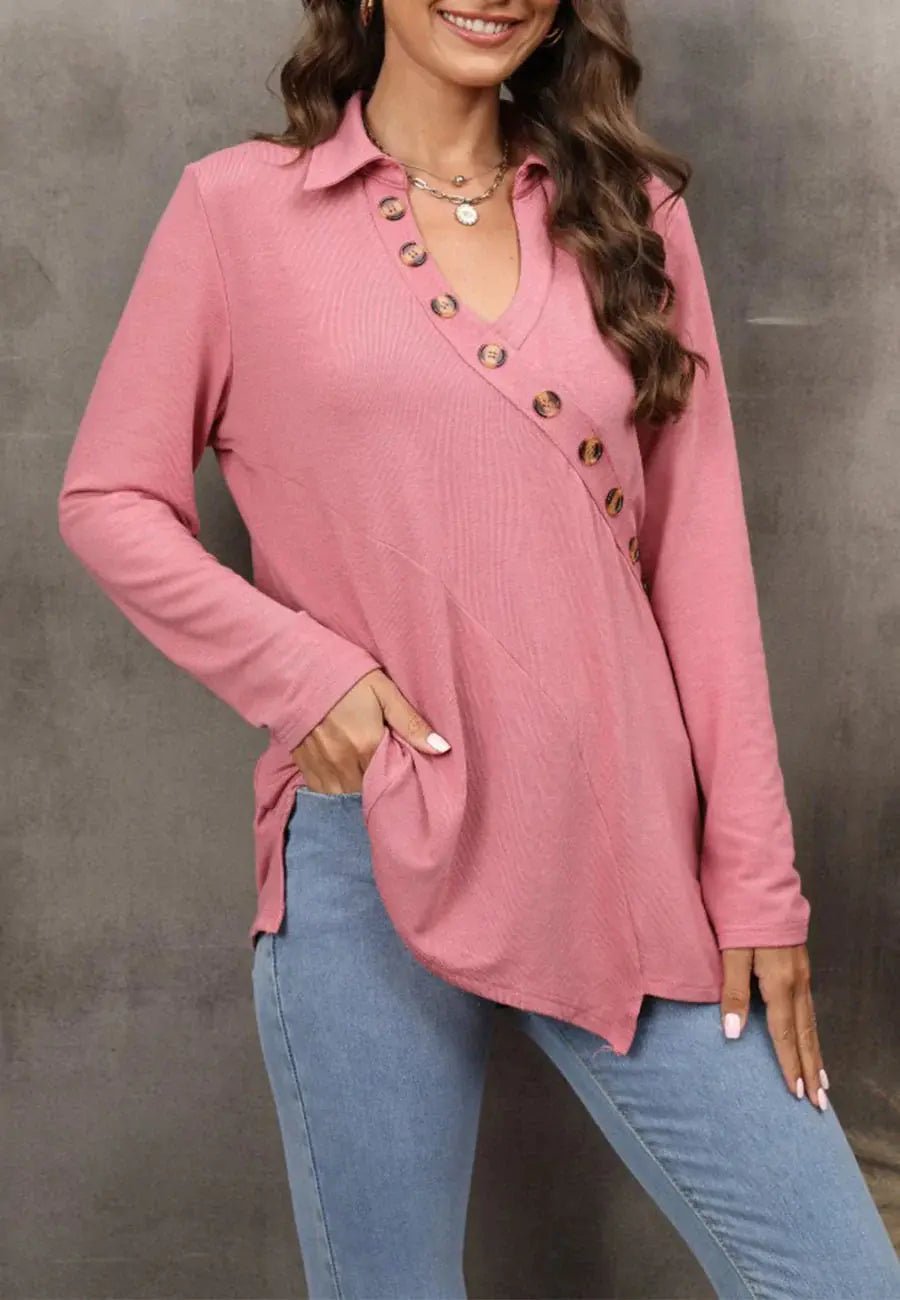 Contrast Button Asymmetrical Hem Sweater - Get it from Bo
