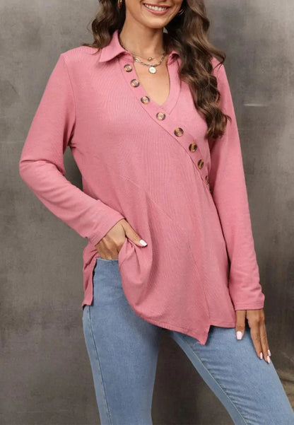 Contrast Button Asymmetrical Hem Sweater - Get it from Bo