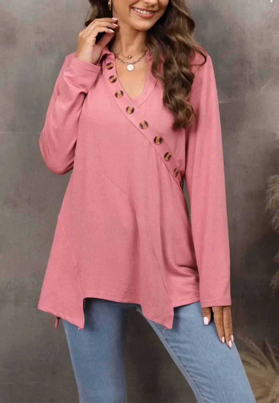 Contrast Button Asymmetrical Hem Sweater - Get it from Bo