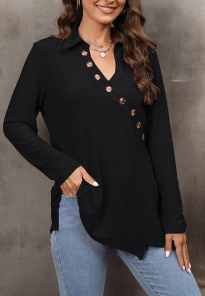 Contrast Button Asymmetrical Hem Sweater - Get it from Bo
