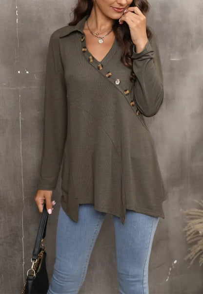 Contrast Button Asymmetrical Hem Sweater - Get it from Bo