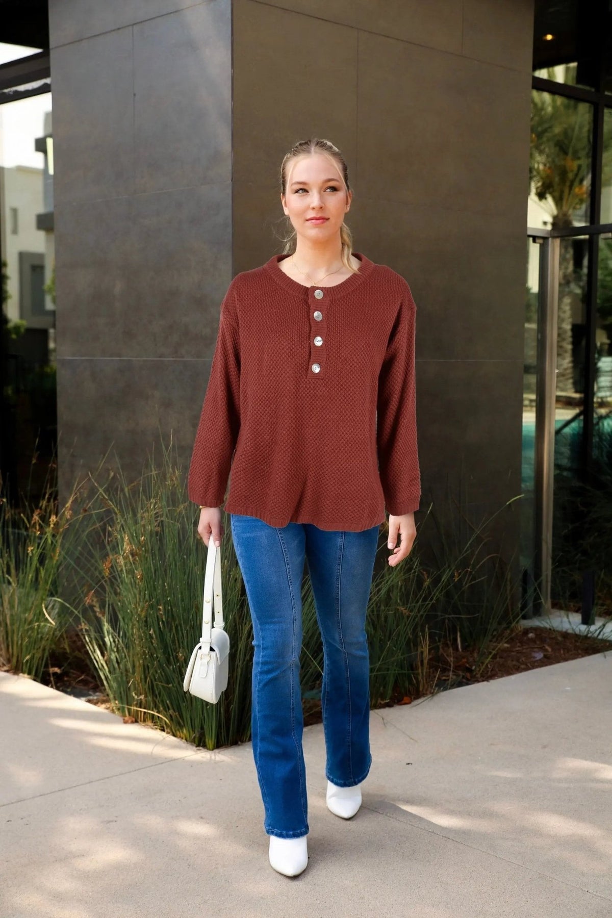 Contrast Half Button Down Sweater - Get it from Bo