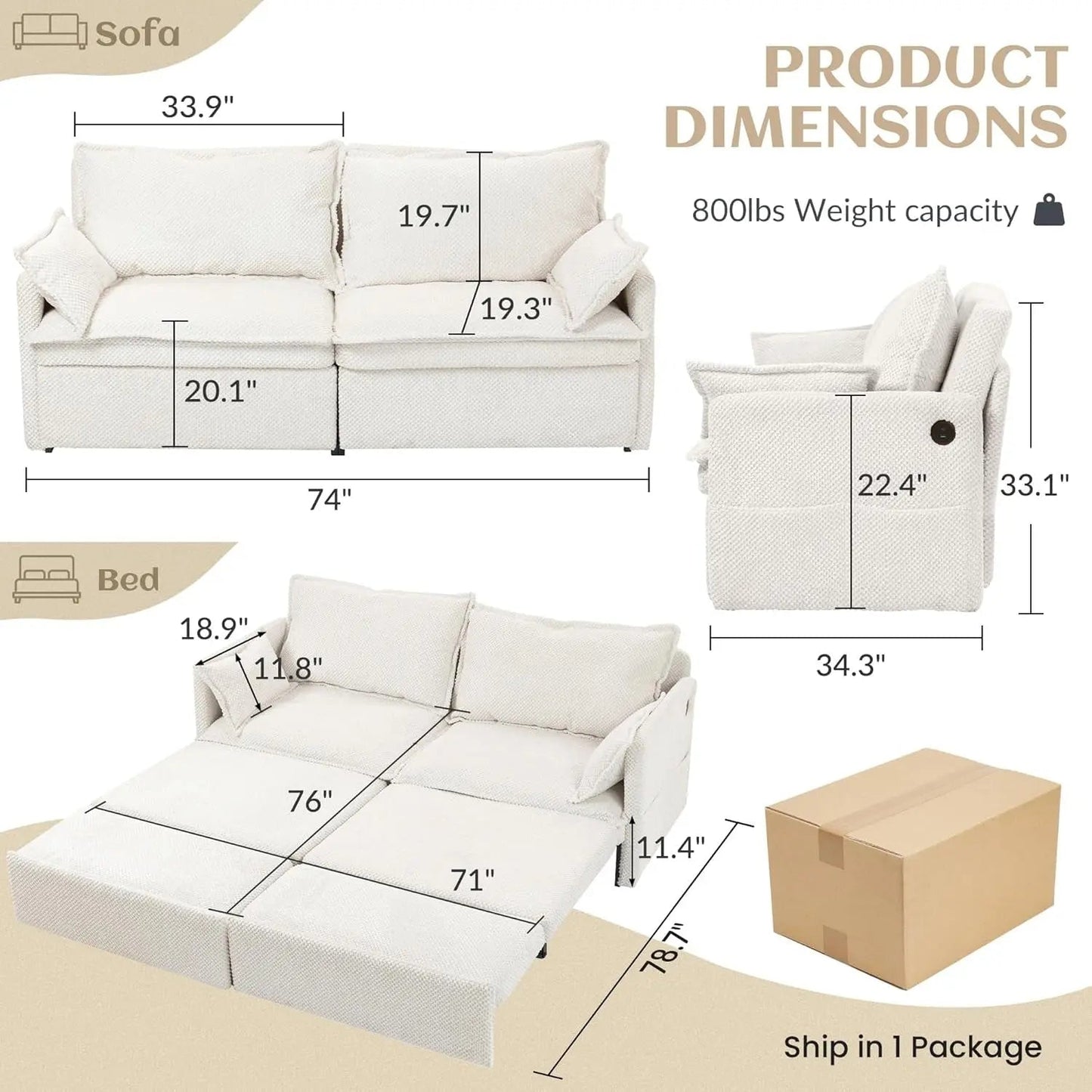 Convertible King Sofa Bed with USB Charging and Pockets - Get it from Bo