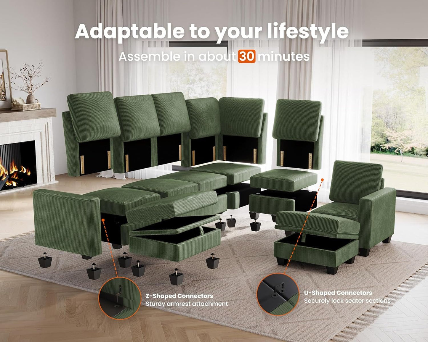Corduroy Modular L Shaped Couch with Storage Ottoman ShipItFurniture