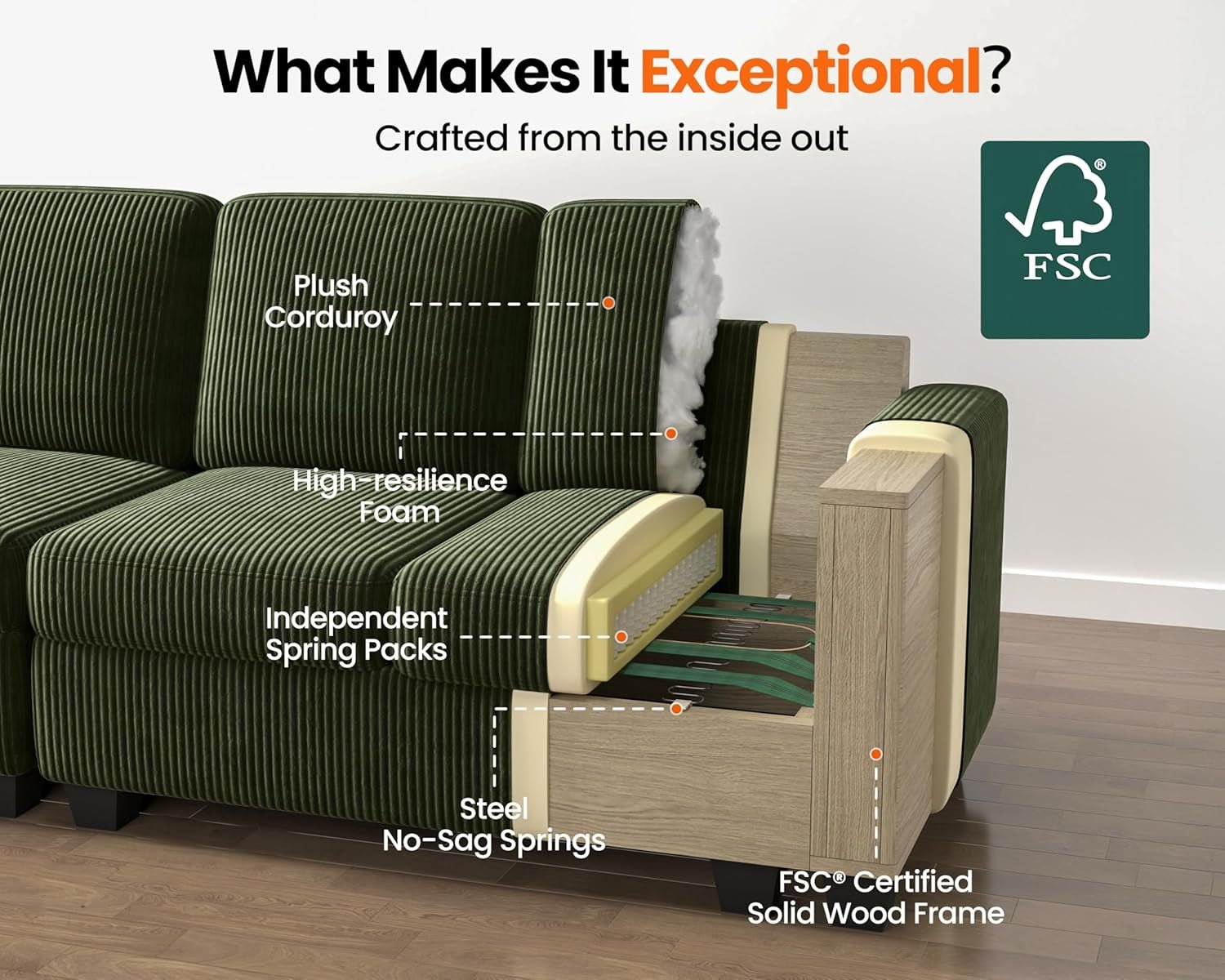 Corduroy Modular L Shaped Couch with Storage Ottoman ShipItFurniture