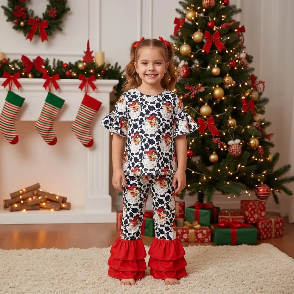 Cow spots Santa two piece ruffle set - Get it from Bo