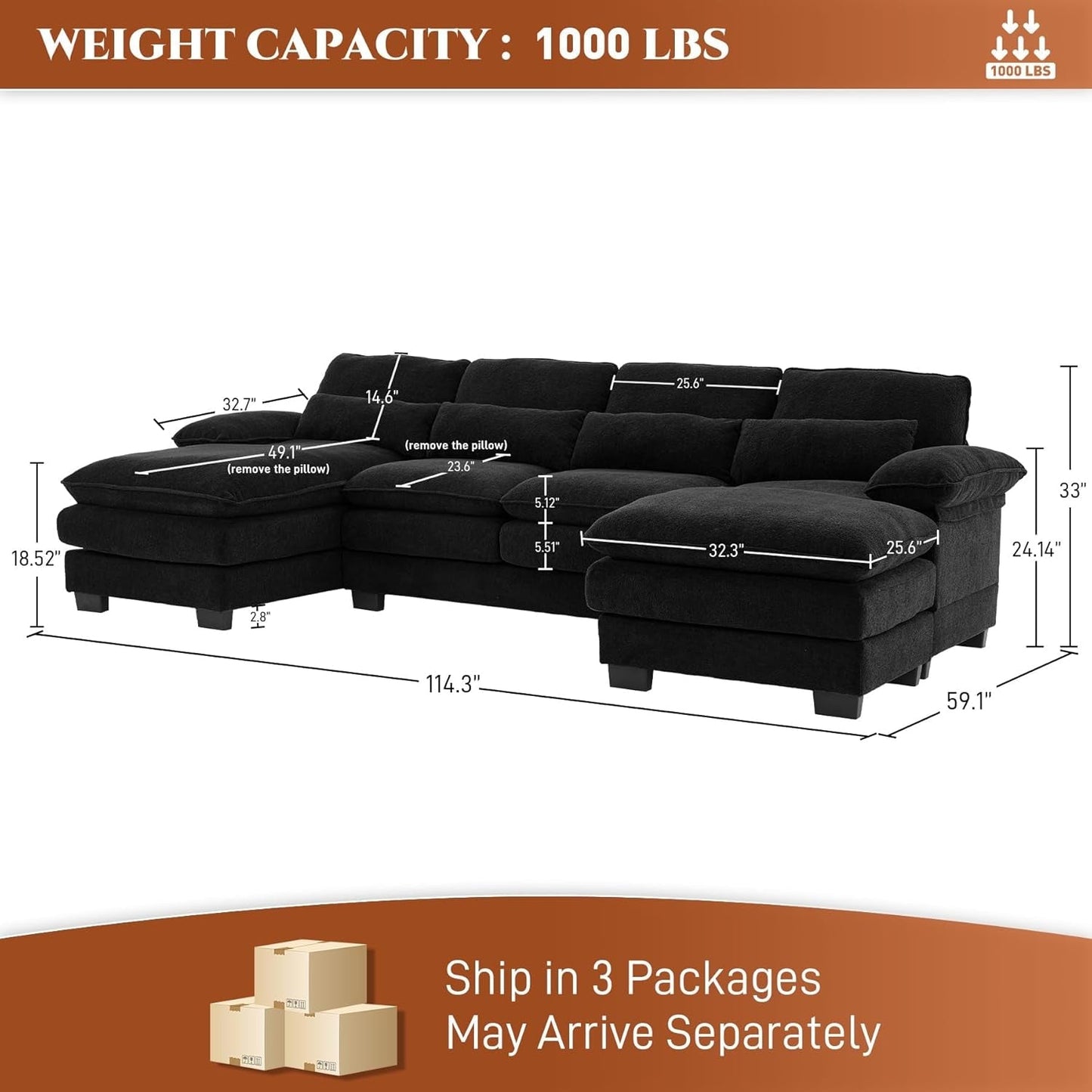 Cozy U Shape Sectional Sofa with Lounge Chaise ShipItFurniture