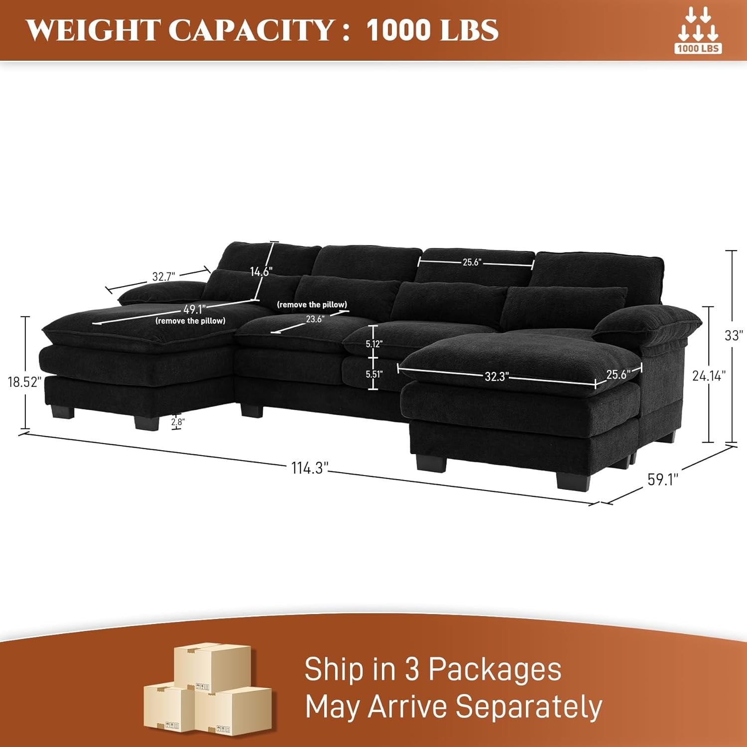 Cozy U Shape Sectional Sofa with Lounge Chaise ShipItFurniture