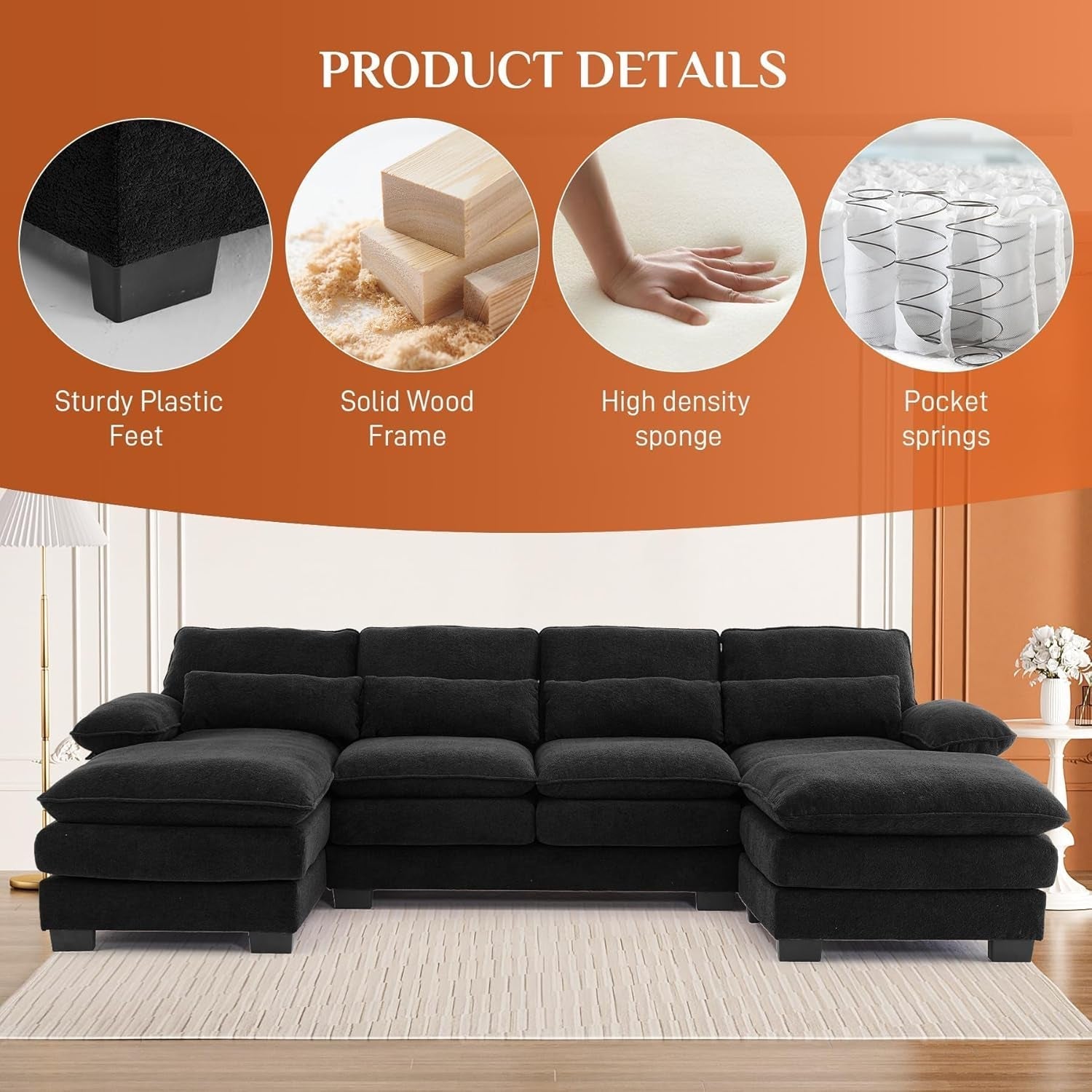Cozy U Shape Sectional Sofa with Lounge Chaise ShipItFurniture