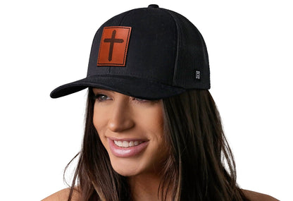 Cross Trucker Hat Rectangle Leather | Black Christian Snapback - Get it from Bo