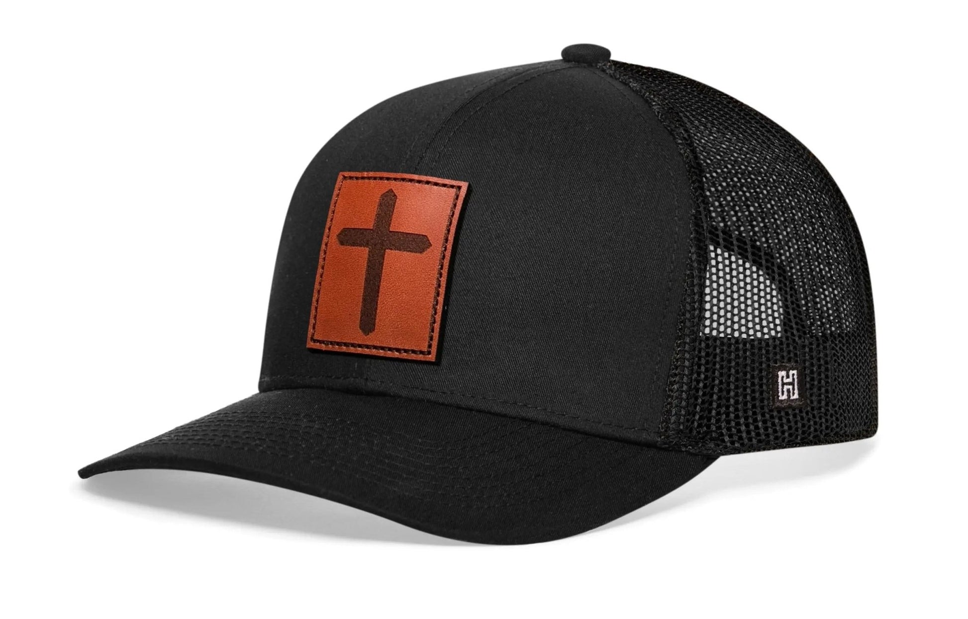 Cross Trucker Hat Rectangle Leather | Black Christian Snapback - Get it from Bo