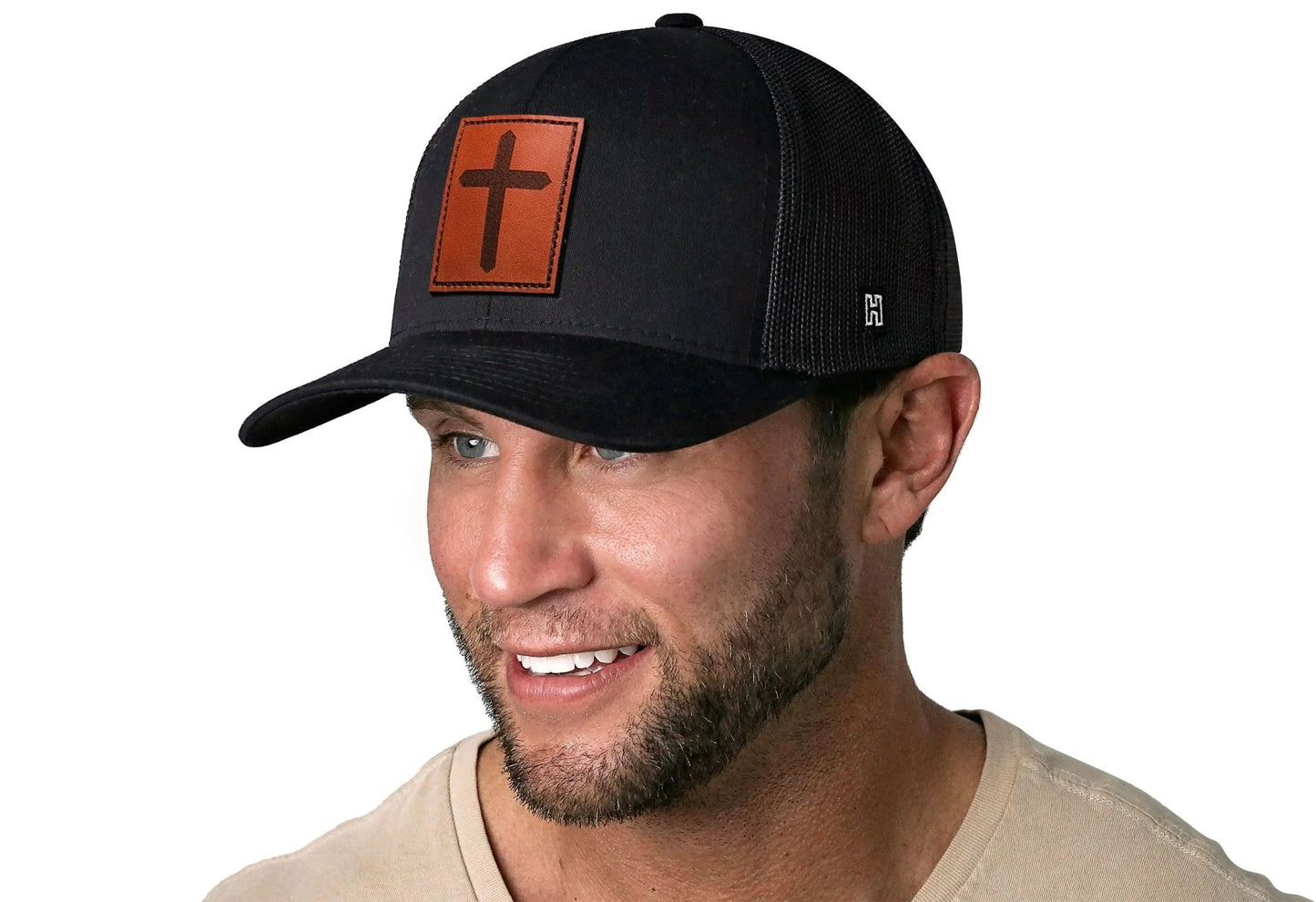 Cross Trucker Hat Rectangle Leather | Black Christian Snapback - Get it from Bo