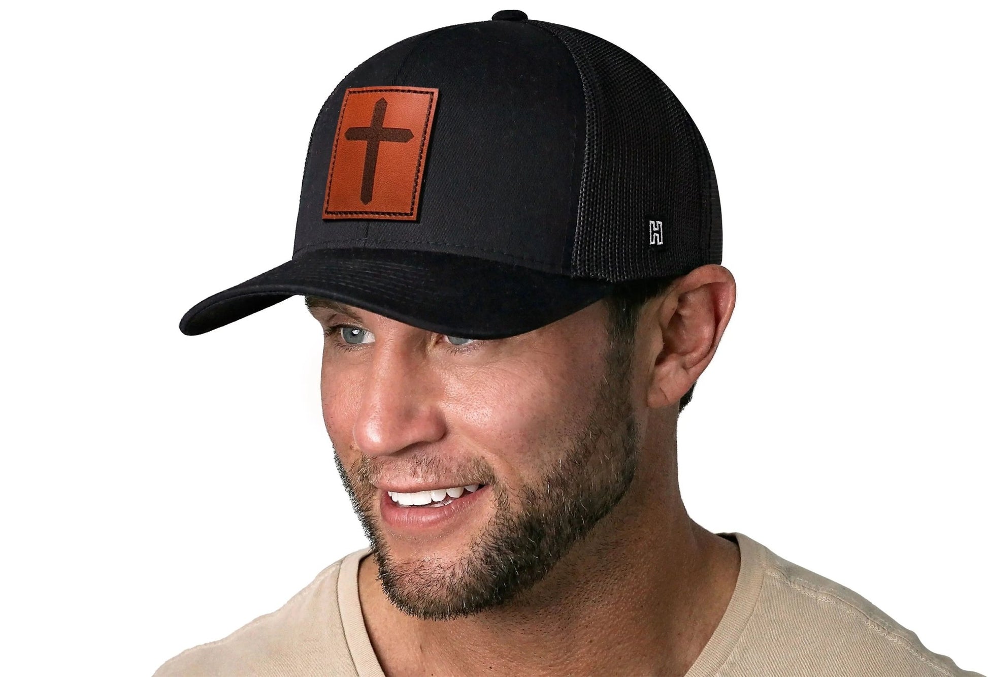Cross Trucker Hat Rectangle Leather | Black Christian Snapback - Get it from Bo
